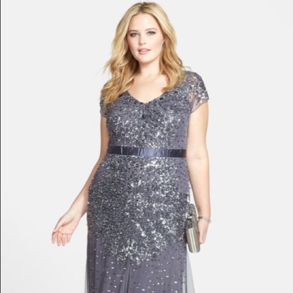 Adrianna papell Gunmetal grey sequin& beaded cap sleeves Long Dress - Picture 10 of 15